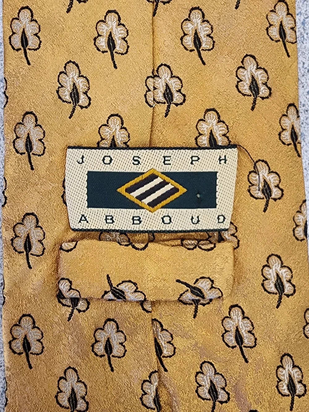 Vintage Joseph Abboud Gold Woven Silk Leaf Print Tie